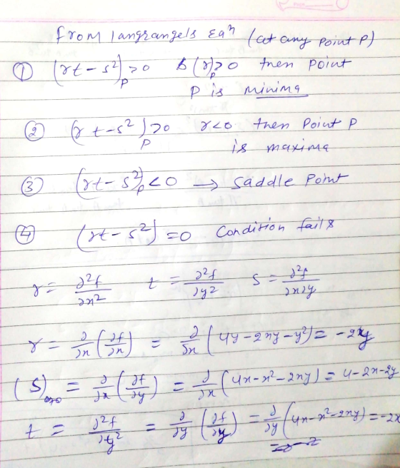 froM 1angiam jels a(at ny Pont P) E9 tnen Point Pis minim t-2 then Point P 97k is marime P Yt- s saddle Poht CondiHon fait 22