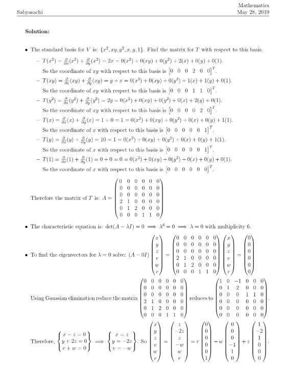 Mathematics Sabyasachi May 28, 2019 Solution: . The standard basis for Vs: 2, ry. y2, r. y,1. Find the matrix for T with resp