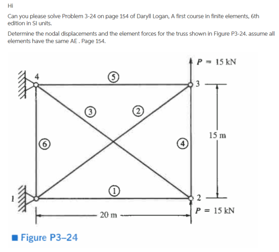 Hi Can you please solve Problem 3-24 on page 154 of Daryll Logan, A first course in finite elements, 6th n in Sl units Determ