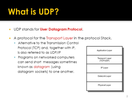 What is UDP? UDP stands for User Datagram Protocol. A protocol for the Transport Layer in the protocol Stack. Alternative to