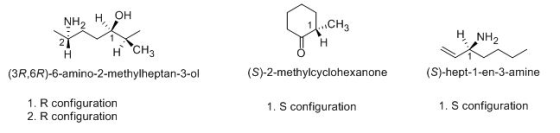 NH H OH CH3 H NH2 H CH3 (S)-2-methylcyclohexanone (S)-hept-1-en-3-amine (3R,6R)-6-amino-2-methylheptan-3-ol 1. R configuratio