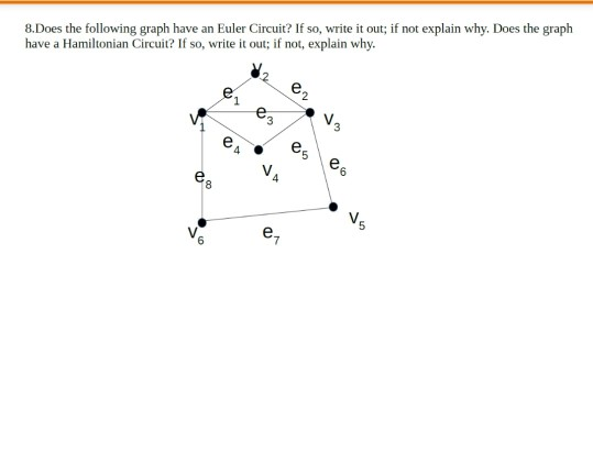 8 Does the following graph have an Euler Circuit? If so, write it out; if not explain why. Does the graph have a Hamiltonian