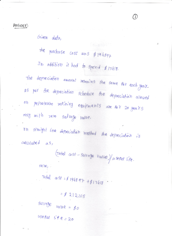 AnSioe Given data The puchase Cest woS 19 h89.7 &PLI $ puadg poy 9:PpT The depre ciation amount ebnains the same fex each Hea