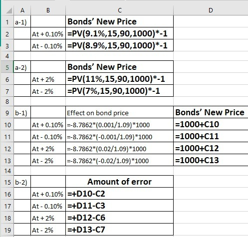a- Bonds New Price At +0.10% |-PV(9.1%, 15,90, 1000)-1 At-0.1096-PV(8.9%, 15,90, 1000)-1 4 Bonds New Price |:PV(11%,15,90
