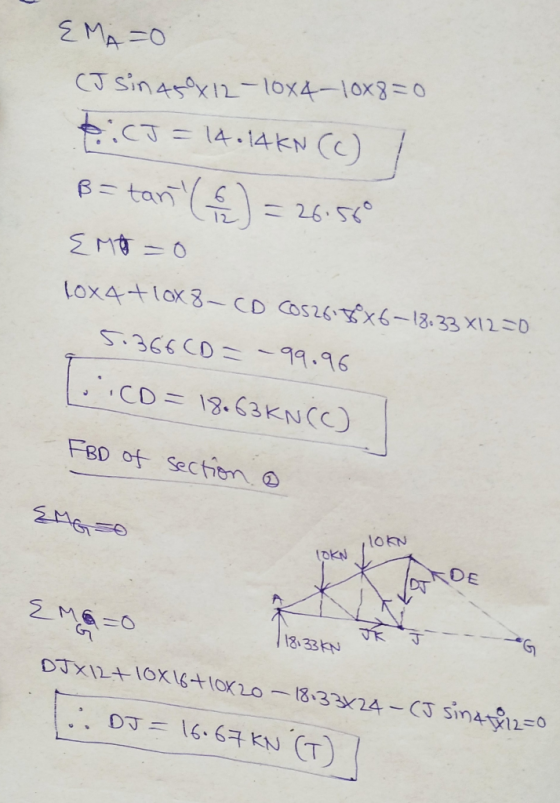 2MA 0 CJ Sin45 -lox4-10x8 0 CT14.14KN (C) B= tari 26.5 12 lox4+lox8- CD COS26x6-13.33 X12D -366 C0 99.96 .CD= 13.63KNCC) FBD