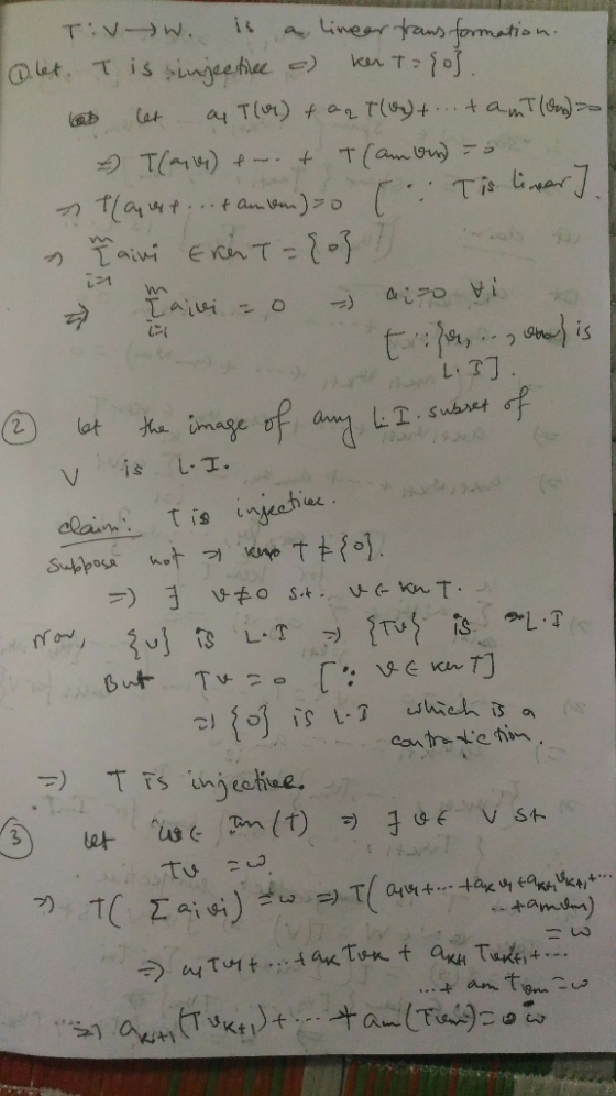 T:V W. inear taws fomation is a let. Tis sinjeetec T - 10 amT( a Tln) anT( Cat T(ambn) T) Th Gar 7 1 Taiui O -> is 2 image of