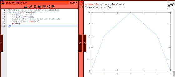 = calculate!mpulse.m RUNVa octave: 17> calculateImpulse() 1XIntegralValue 38 #defining a function for our integral calculatio