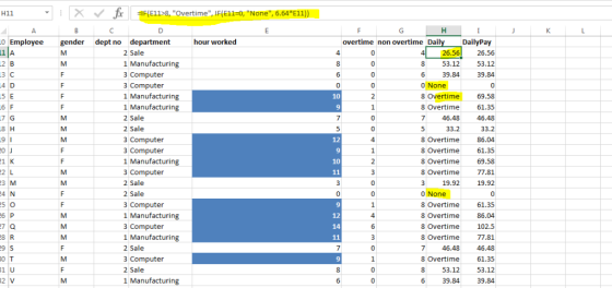 XVxF(E11>8, Overtime, IF(E11-0, None, 6.64 E11) H11 hour worked overtime non overtime Dai DailyPay 0 Employee gender dept