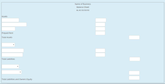 Name of Business Balance Sheet As At XXIXXIXX Assets Prepaid Rent Total Assets Total Liabilities Total Liabilities and Owners