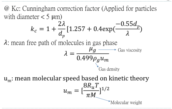 @ Kc: Cunningham correction factor (Applied for particles with diameter < 5 um) 21 -0.55d, 1 +1.257+0.4exp( 2 kc dp A: mean f