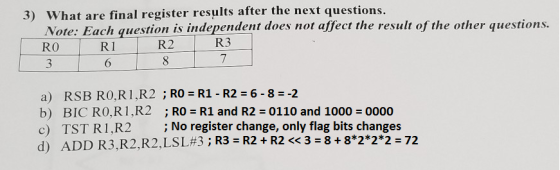 ter the next questions. 3) What are final register results af Note: Each question is independent does not affect the result o