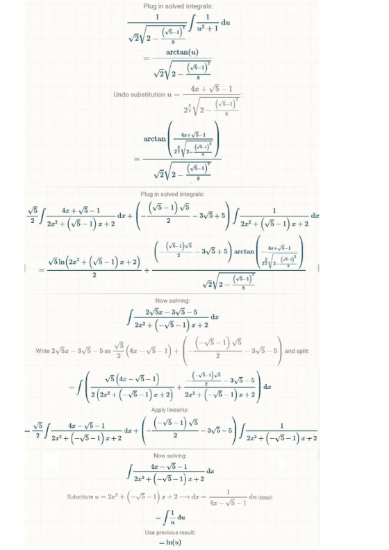 Plug in solved integrals: 1 du u21 (V5-I 8 arctan(u) (V-1) V2V2 4+5-1 Undo substitution u- (v5-1) 4+5-1 arctan (vB-1) (V51) s