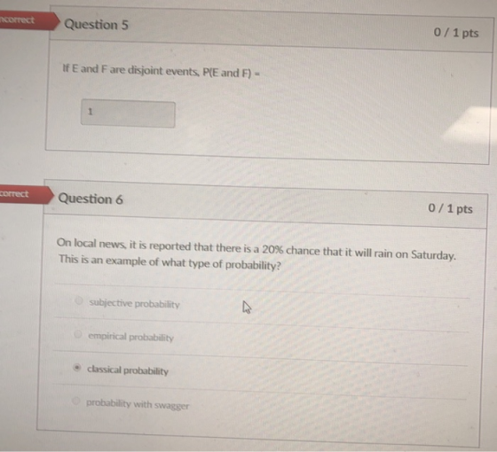 Question 5 0/1 pts If E and F are disjoint events, P(E and F)- Question 6 0/1 pts correct on local news, it is reported that