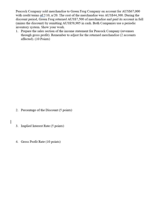 Peacock Company sold merchandise to Green Frog Company on account for AUS$67,000 with credit terms of 2/10, n/20. The cost of