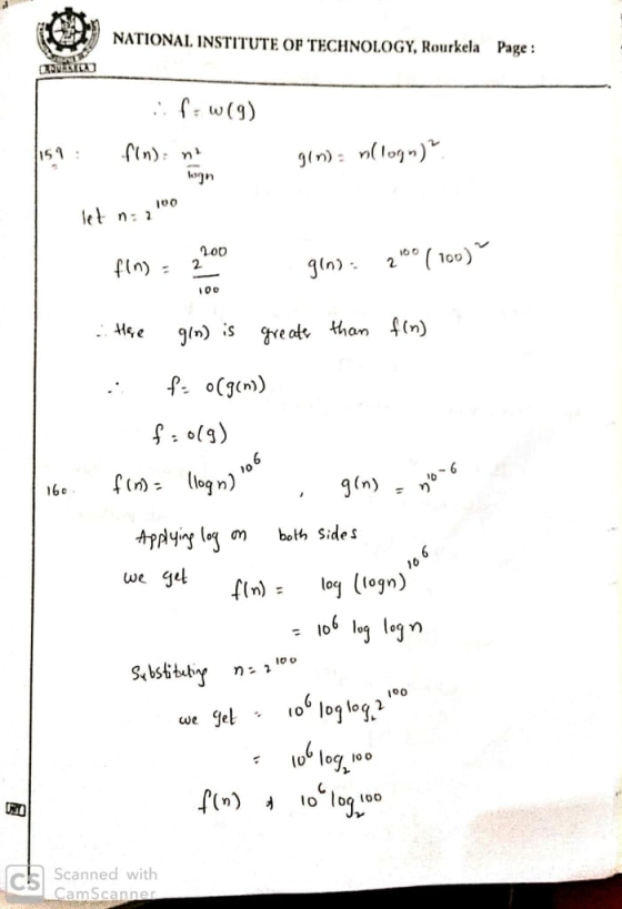 NATIONAL INSTITUTE OF TECHNOLOGY, Rourkela Page : w(9) gin): n(log) l0o 200 2. 100 be fnlon) log ση bo sides we get f(n): lol