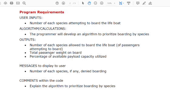 2/5 132% Program Requirements USER INPUTS: Number of each species attempting to board the life boat ALGORITHM/CALCULATIONS: T