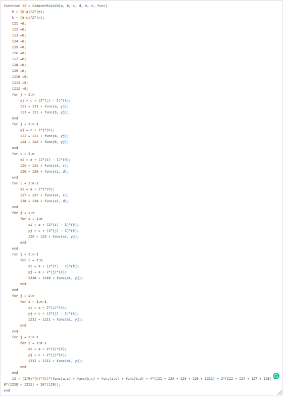 function 12-SimpsonRulc2D(a, b, c,d, m, n, func) 21 -; 122 -8; 123 -8; 124 -; 25-; 126 -8; 27 -; 128 -; 129-; 1218 - 211 -e;