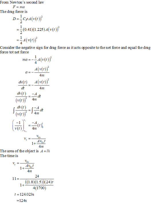 From Newtons second law ma The drag force is (0.41 (1.225)A(v(t 4 Consider the negative sign for drag force as it acts oppos