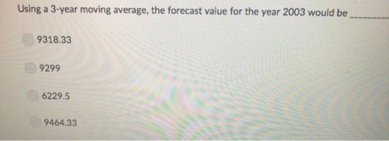 Using a 3-year moving average, the forecast value for the year 2003 would be 9318.33 9299 6229.5 9464.33