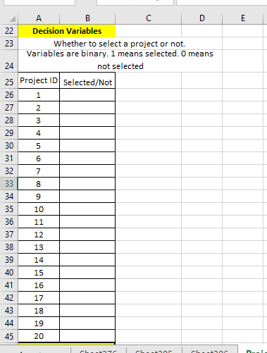 22 Decision Variables 23 Whether to select a project or not. ariables are binary. 1 means selected. O means not selected 24 2