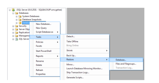 B-SQL Server 10.0.2531- SQLBACKUPlsmcgehee) Databases System Databases a Database Snapshots SecunityNew Databese... aRepicati