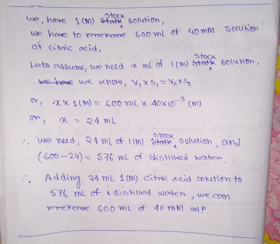 STock 64tAK、60/ution, we, have 1(m) ue have to yme yoorae 600 m of 40mm Soluhon of Cimic acid ml of 1(m)Steu ibn Lets assuma,