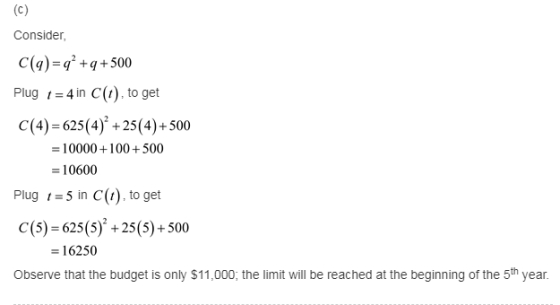 (C) Consider C(g) q+500 Plug 4 in C(. to get C(4) 625(4)+25(4)+500 =10000100+500 =10600 Plug5 in C(t. to get C(5) 625(5)+25(5