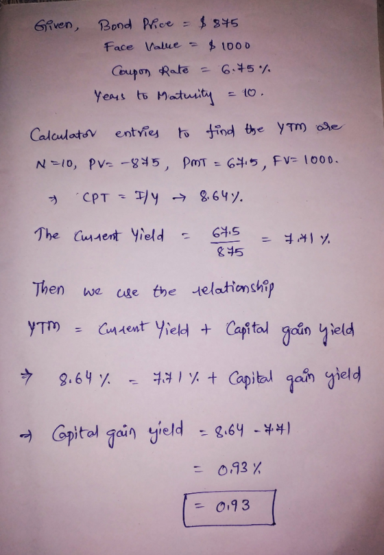 845 Bond PRce GAven, 11 1000 Face Walue - Coupon Rate ニ6.45ソ. Years to Matusity h find the yTm ase Calaulatsv enties N=10, PV