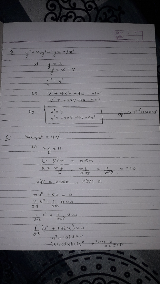 Dare: =-9x2 h t = U V 89 -4V -yu-92 u V 370 1&Concd V 4xV44-9x2- Weight 111 mo d5 m K 2 220 O OS u(o) .06 m mu Ku= !1 u 9.8