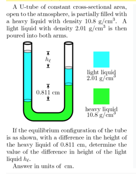 A U-tube of constant cross-sectional area open to the atmosphere, is partially filled with a heavy liquid with density 10.8 g