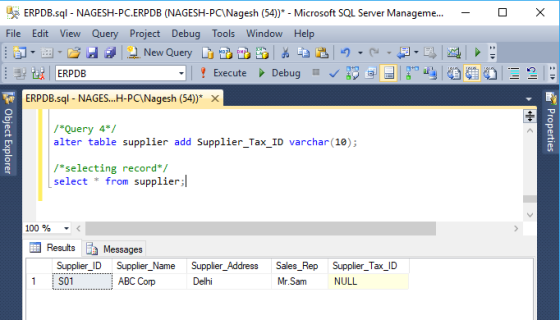 ERPDB.sql - NAGESH-PC.ERPDB (NAGESH-PCNagesh (54) - Microsoft SQL Server Manageme...- File Edit View Query Project Debug Tool