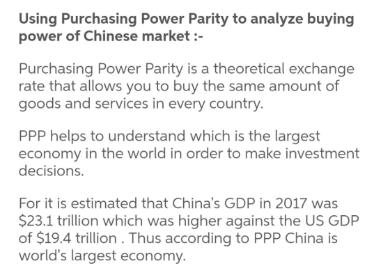 Using Purchasing Power Parity to analyze buying power of Chinese market:- Purchasing Power Parity is a theoretical exchange r