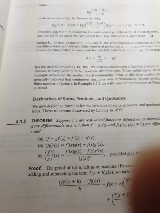 Since f(r)-f(P) lim exists and equals p (p), by Theorem 4,1.6) Therefore, limo)p) and thus fis continuous at p. In the above