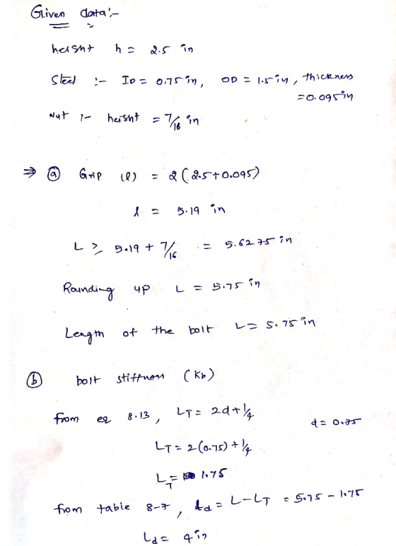 Given dota hcisnt OD ニ1.- ythicknens Nut heisht Casto.045 5.19 in in ら.62 Rounding S. 75n レコ ナhe Lenym bolt of ( k) stiffnors