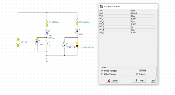 Voltages/Currents X AM1 AM2 10MA 02 A VM1 10V 38V VM2 VP VP 2 VP 3 VP 4 VP 5 10uV R1 5000hm R2 3.55kOhm .38V 5V 10u A A 1.38V