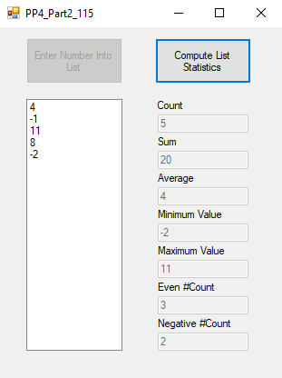 -PP4-Part2-115 Compute List Statistics Count Sum 20 Average -2 Minimum Value Maximum Value Even #Count 3 Negative #Count 2