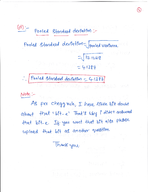d) Pooled tandard devfatfen Pooled standad devtatenPealed Varfanc 4138 Note As per chea9 ule, I have tHe bft doutt abaut that