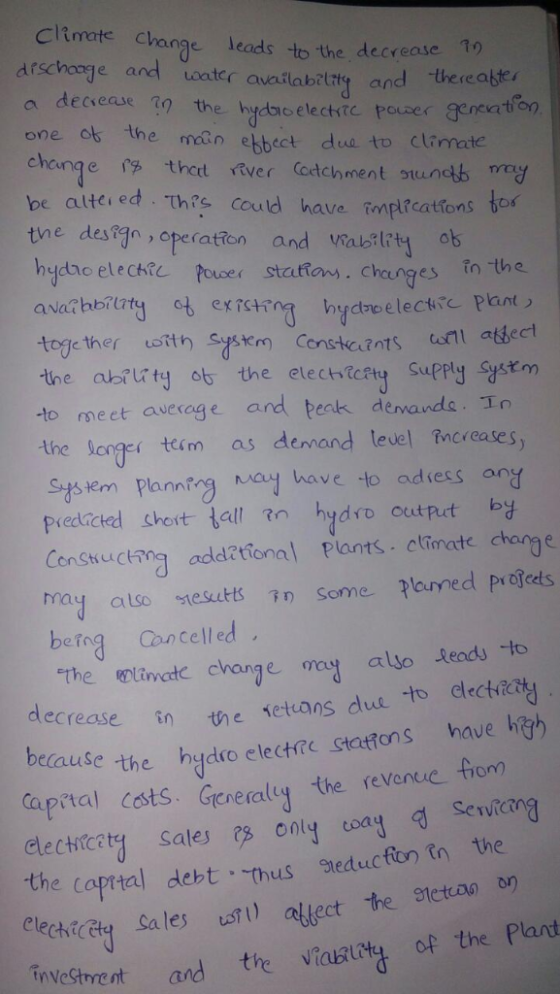 Climate change drschaoge and oater leads to the decrease T availability and thereatter hydaroelectirc pauser geneaton the mai