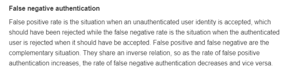 False negative authentication False positive rate is the situation when an unauthenticated user identity is accepted, which s