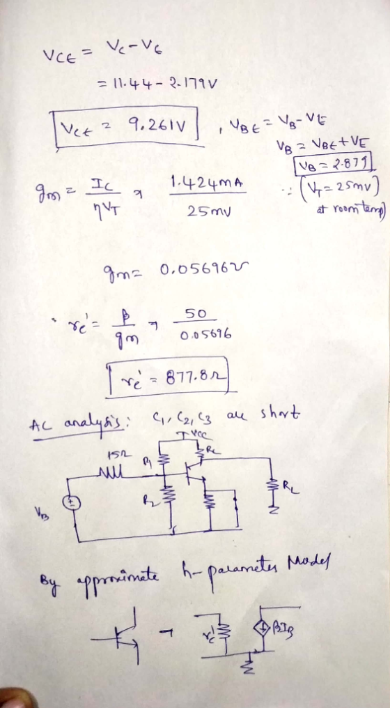 VE-Ve - 11.44- 2- 7v 9.261V VBEVVE Vt VeVBEtVE Ve2-8 71 2 Smv 1.424MA Ic 7YT at Yoom 25mv gm 0.05696Y P 1m 50 O.0 5696 re877.