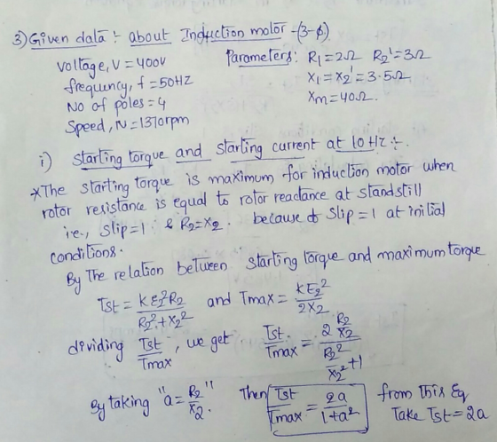 3 Given dala about Induction molor-3-6) Vollage, V=40ov frequuncy, f50tz NO of poles- 4 Speed, N-1310rpm Paramelers R22 R-32