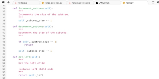 a+Node java ф range-size-tree.py 4. RangeSizeTree.java LANGUAGE node.py 34 def increment subtree (self): 35 36 37 38 39 40 de