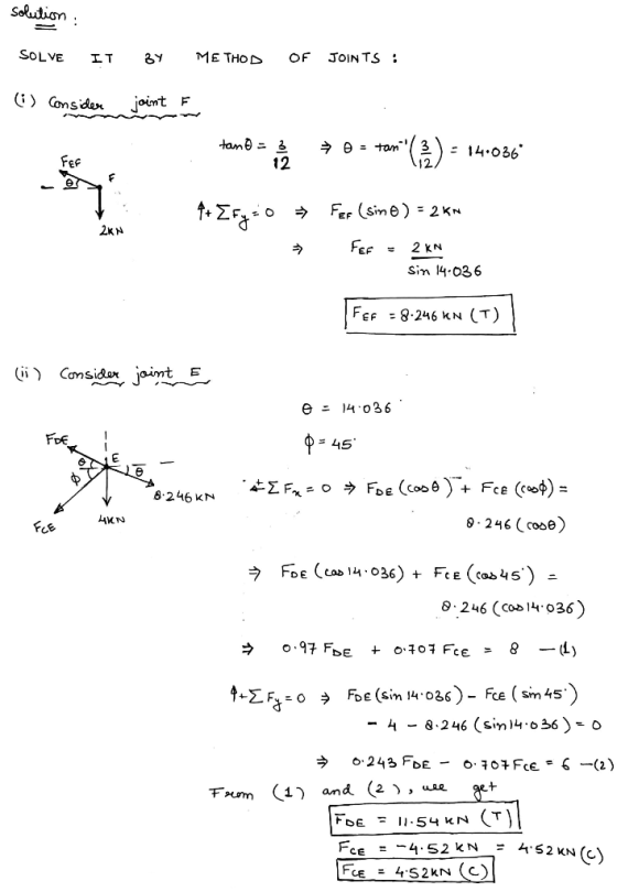 Selution SOLVE ME THOD JOIN TS OF I T ( Considan joimt F tam 2 tam 14.036 FEF 12 F FEF (sine) = 2 KN 2KN FEF 2 KN Sin 4.036 F