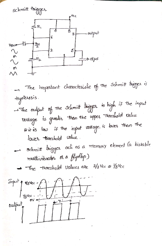 schmitt tai out Hystcsesis he Sc,milt haf is high if the input than the upe threshold lr) b it is lao if the imput wloge. is