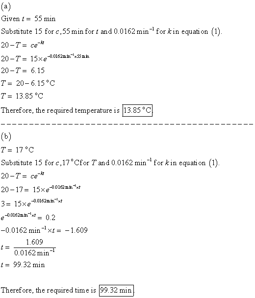 Given t 55 min Substitute 15 for c,55 min for t and 0.0162 min for k in equati on (1) 20-T-ce 20-T= 15xe 20-T- 6.15 T= 20-615