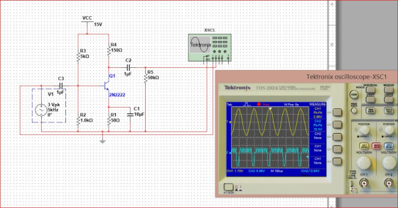 15V XSci R4 1500 ek R3 C2 R5 C3 Tektronix oscilloscope-XSC1 Tektronix TDS 2024 TE OLLcorE 80 2N2222 3 Vpk M Pos: 0s CH1 5kHz