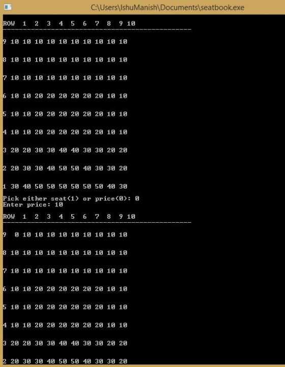 CAUsers ishuManish\ Documents seatbook.exe ROW 1 2 3 4 5 6 7 89 10 10 10 10 10 10 10 10 10 10 10 8 10 10 10 10 10 10 10 10 10