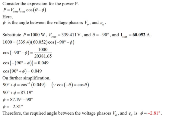 Consider the expression for the power P P = V ms!rms COs(0-4) Here, is the angle between the voltage phasors Vo, and ea Subst