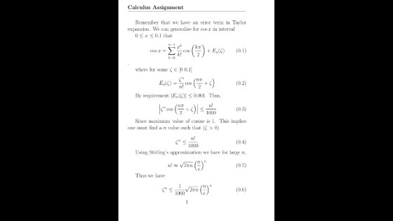 Calculus Assignment Remember that we have an error term in Taylor expansion. We can generalise for coszn interval S 0.1 that