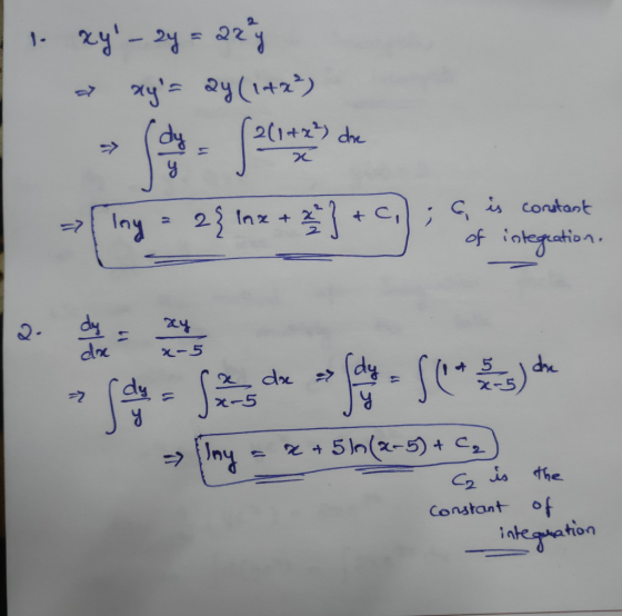 1- 1 2(1t2 dhe Iny- 231 is constant 2P C Inx of integration dy 4 1 dx XI5 dy 5 dr X-5 drx dy 1 5 10(2-5) + 17 G isthe Constan